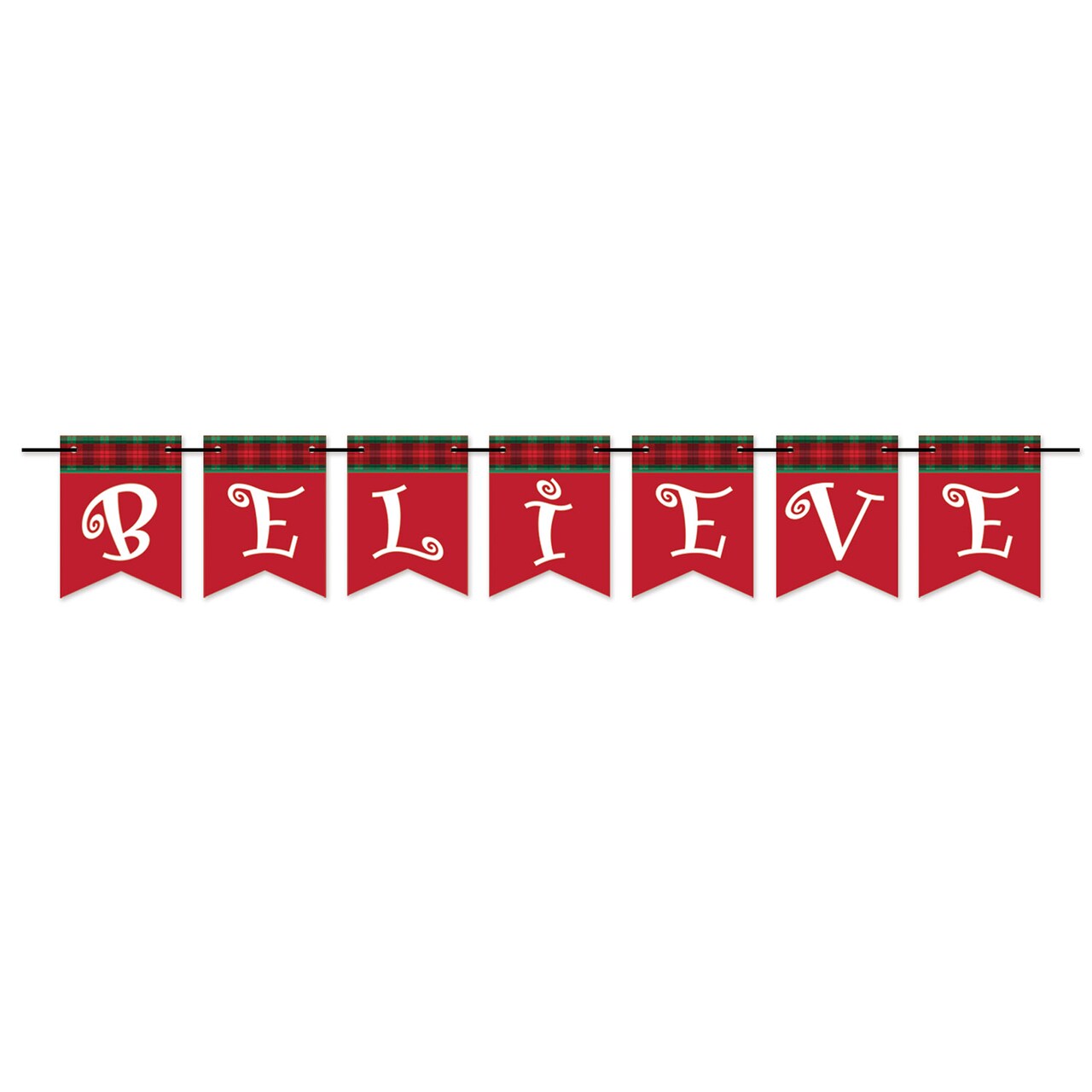 Beistle Pack of 12 Red and White Believe Pennant Banner Christmas Decorations 6' x 6"